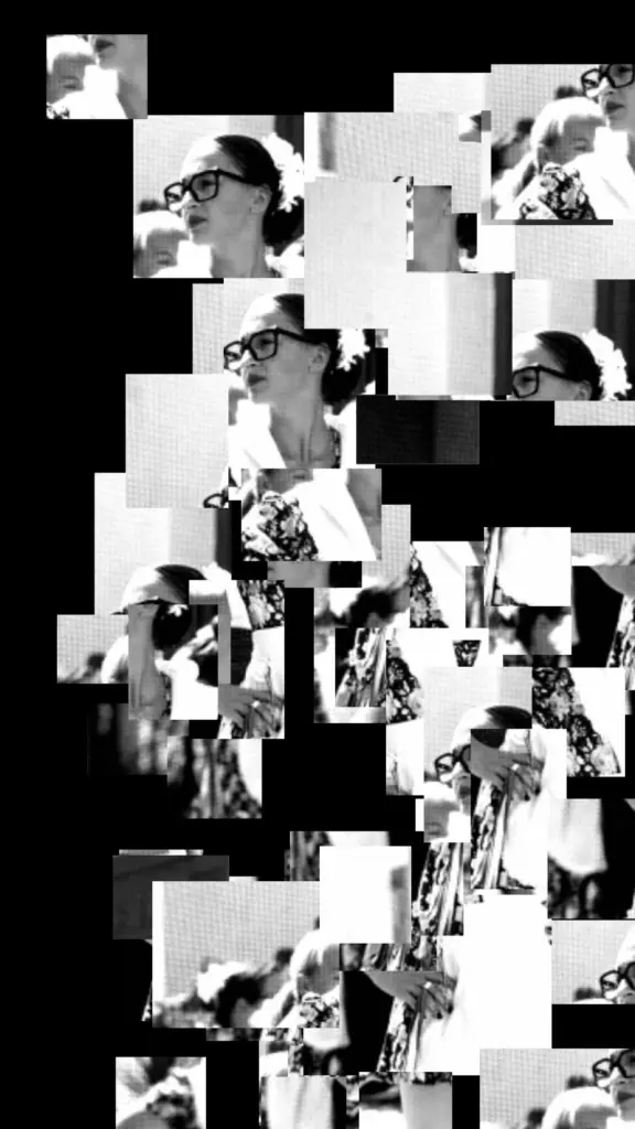 Fragmented black-and-white portrait of a woman in glasses at Noche del Vino